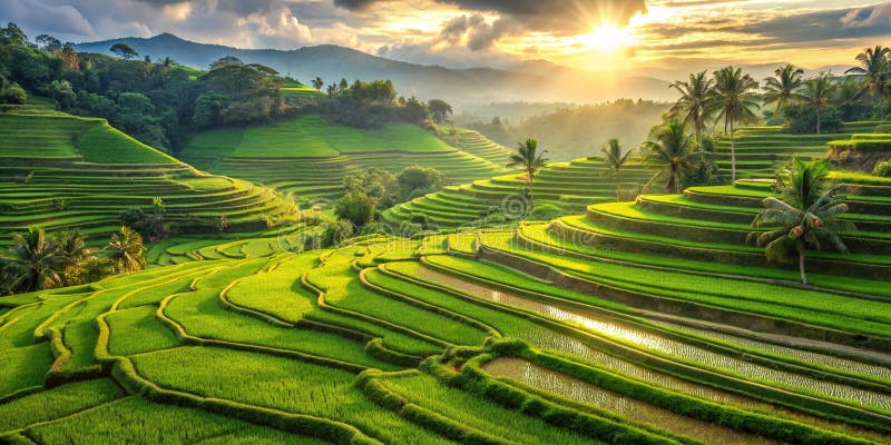 Persawahan dan permukiman desa di antara perbukitan hijau